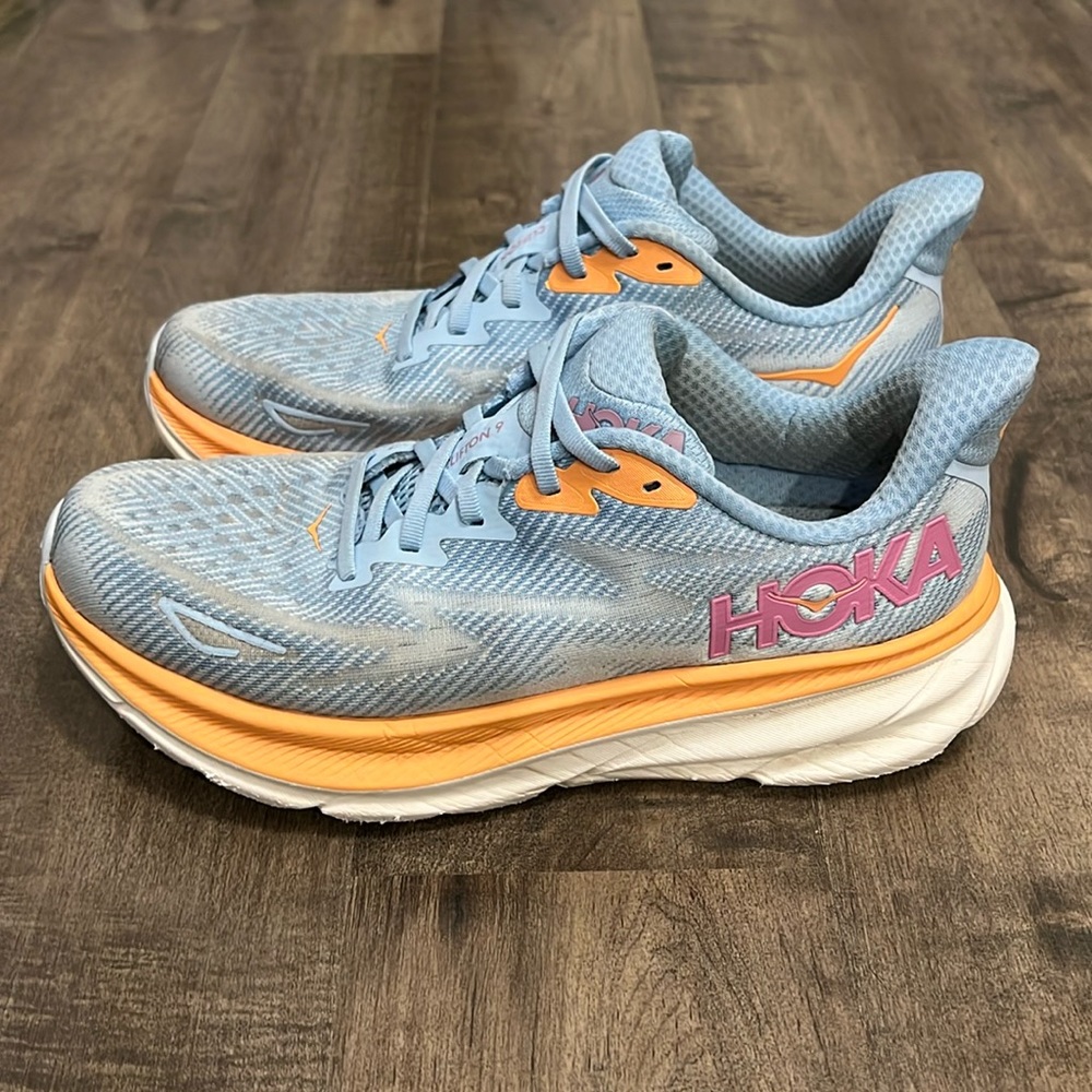Hoka One One Women's Light Blue Orange Pink Athletic Running Shoes